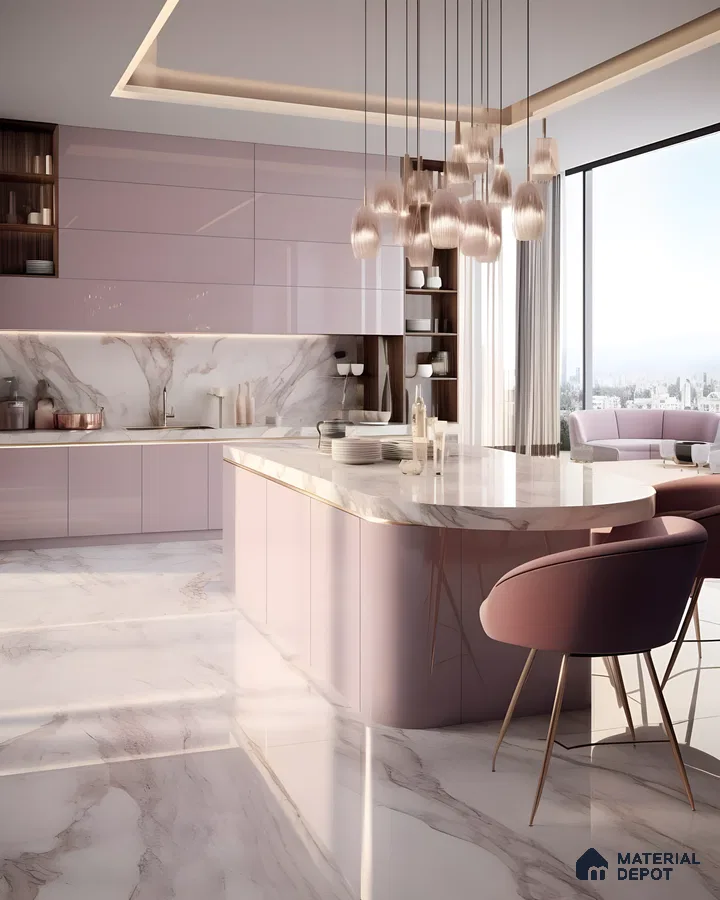 Luxe Blush Kitchen With Marble Finishes And Statement Lighting | Material Depot