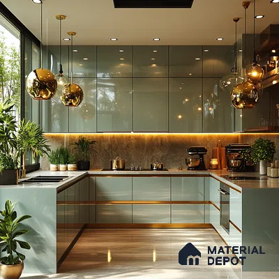 Luxe Green and Gold Kitchen with Metallic Accents and Glossy Surfaces | Material Depot