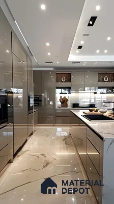 Luxe Luminosity: High-Gloss Kitchen with Dramatic Lighting | Material Depot