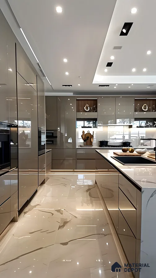 Luxe Luminosity: High-Gloss Kitchen with Dramatic Lighting | Material Depot
