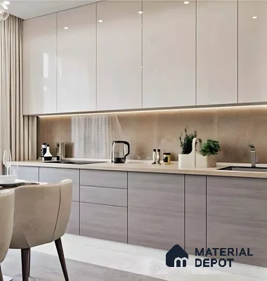 Luxe Modern Kitchen: High-Gloss Cabinetry With Textured Backsplash And Hidden Lighting | Material Depot