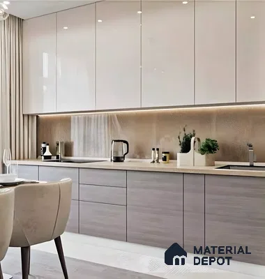 Luxe Modern Kitchen: High-Gloss Cabinetry with Textured Backsplash and Hidden Lighting | Material Depot