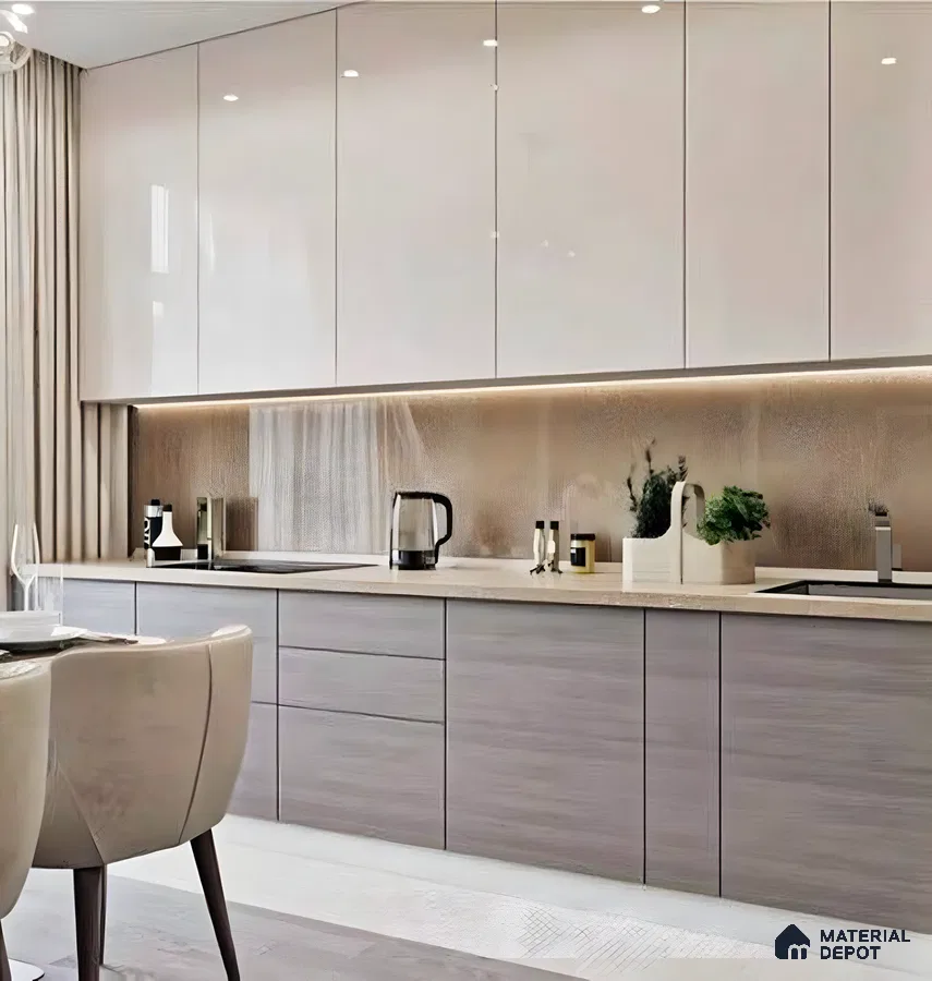 Luxe Modern Kitchen: High-Gloss Cabinetry with Textured Backsplash and Hidden Lighting | Material Depot