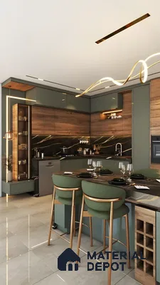 Luxe Modern Kitchen With Green Cabinets, Wood Accents & Black Marble Backsplash | Material Depot