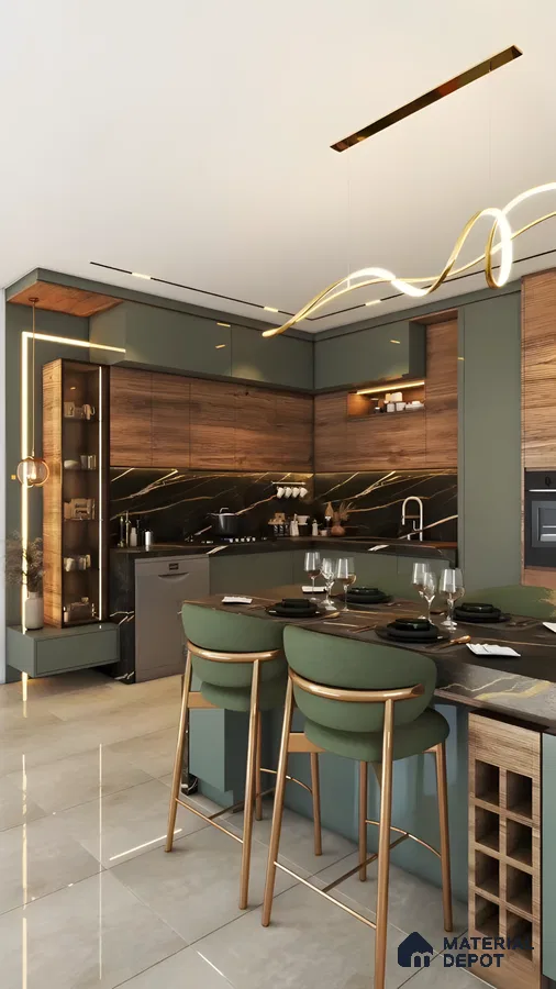 Luxe Modern Kitchen With Green Cabinets, Wood Accents & Black Marble Backsplash | Material Depot