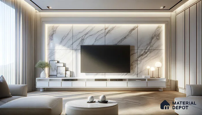 Luxe Modern Living Space with Marble Accents and Ambient Light | Material Depot