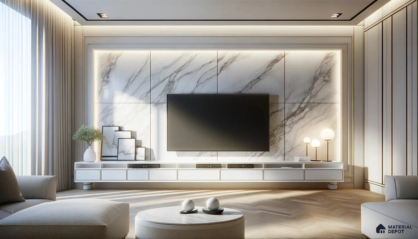 Luxe Modern Living Space with Marble Accents and Ambient Light | Material Depot