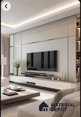 Luxe Modern Tv Wall With White Paneling And Gold Metal Inlay Accents | Material Depot