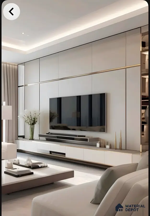 Luxe Modern Tv Wall With White Paneling And Gold Metal Inlay Accents | Material Depot
