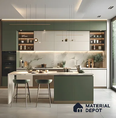 Luxe Olive Green And Marble Kitchen With Sculptural Lighting | Material Depot