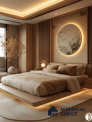 Luxurious and Serene Bedroom Design with Round Tropical View and Wood Paneling Sobha Sentosa Panathur Road | Material Depot