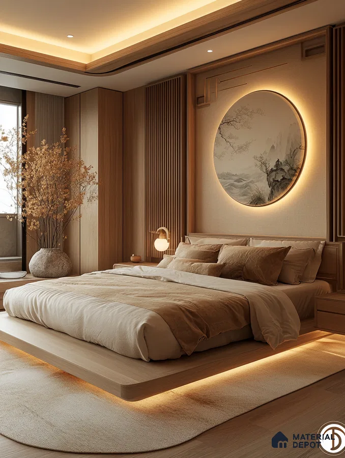 Luxurious and Serene Bedroom Design with Round Tropical View and Wood Paneling Sobha Sentosa Panathur Road | Material Depot