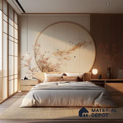 Luxurious and Tranquil Bedroom Design with Wood Paneling and Round Painting with pendant lighting Salarpuria Sattva Exotic Bagalur Road | Material Depot