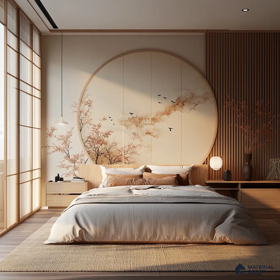 Luxurious and Tranquil Bedroom Design with Wood Paneling and Round Painting with pendant lighting Salarpuria Sattva Exotic Bagalur Road | Material Depot