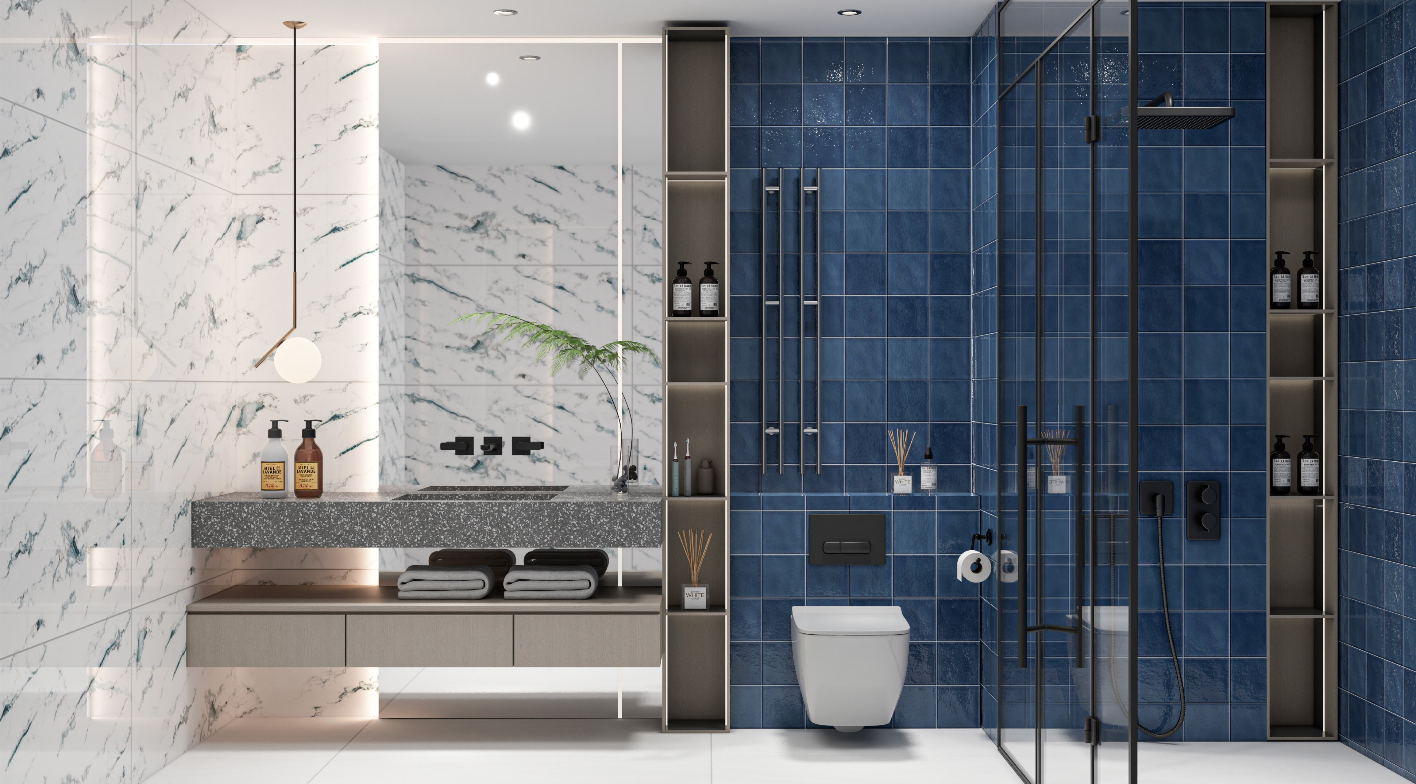 Luxurious Bathroom with Blue and Marble Tile Combination | Material Depot
