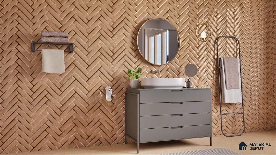 Faux Subway Wall Tile TL 04684 E Herringbone Solara Brown Olive 2 ft x 1 ft Ceramic Glossy Finish - 9 mm | Suitable For Kitchen, Bathroom Walls and Backsplashes | Please Expect a Slight Variation of Pattern