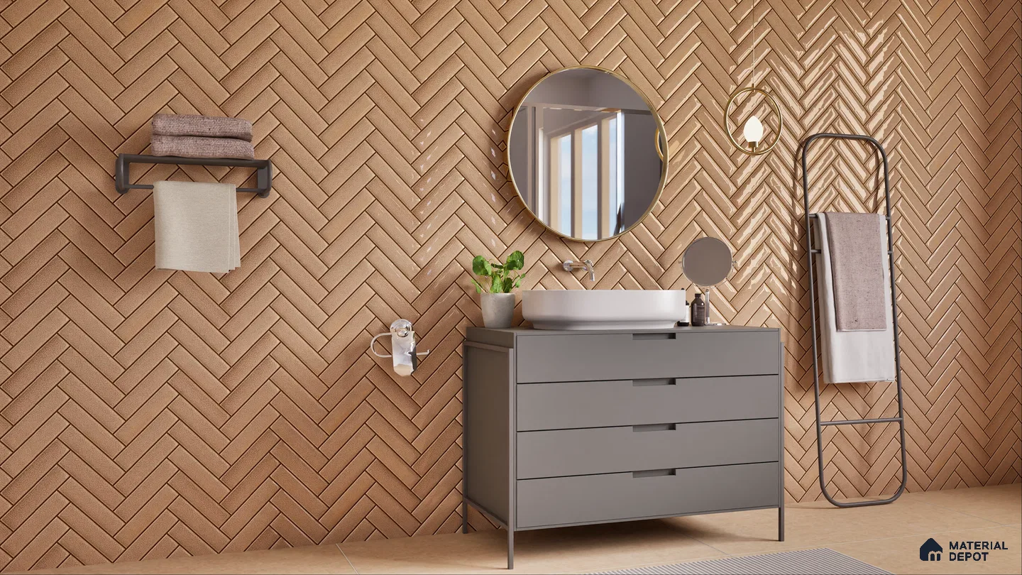 Luxurious Bathroom with Golden Herringbone Tile Wall | Material Depot