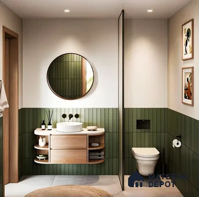 Luxurious Bathroom With Green And Wooden Accents | Material Depot
