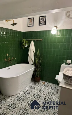 Luxurious Bathroom with Green Subway and Blue Moroccan Tile | Material Depot