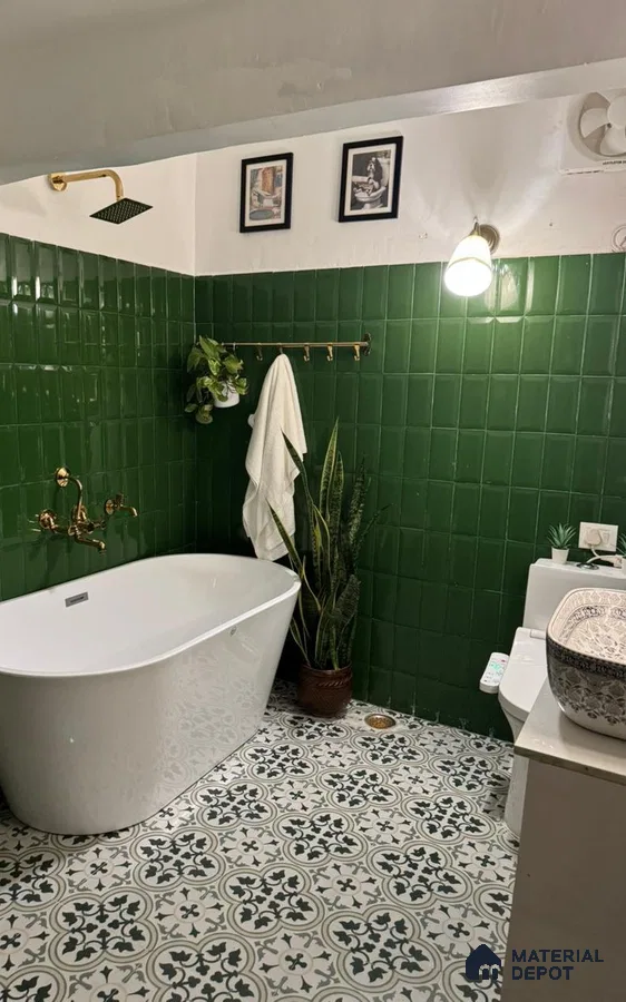 Luxurious Bathroom with Green Subway and Blue Moroccan Tile | Material Depot