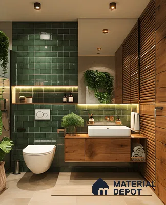 Luxurious Bathroom With Green Tiles And Wooden Elements | Material Depot