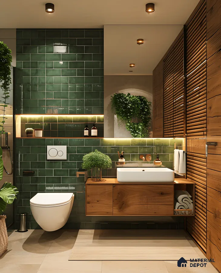 Luxurious Bathroom With Green Tiles And Wooden Elements | Material Depot