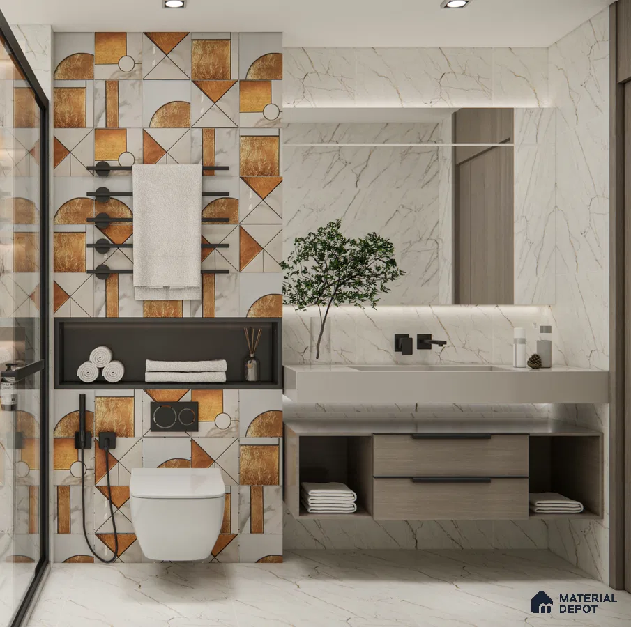 Luxurious Bathroom with Handcrafted Highlighter Tiles and Marble Finishes | Material Depot