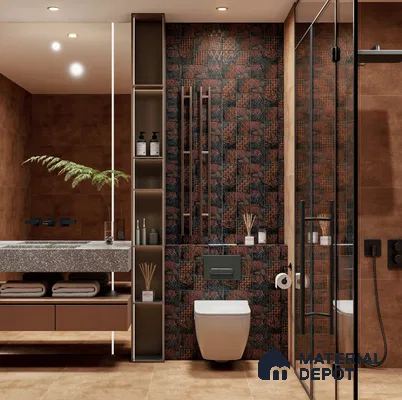 Luxurious Bathroom with Handcrafted Highlighter Tiles and Warm Earthy Tones | Material Depot