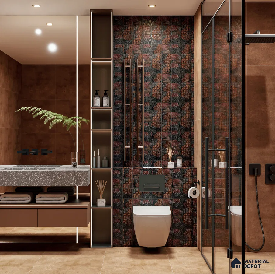 Luxurious Bathroom with Handcrafted Highlighter Tiles and Warm Earthy Tones | Material Depot