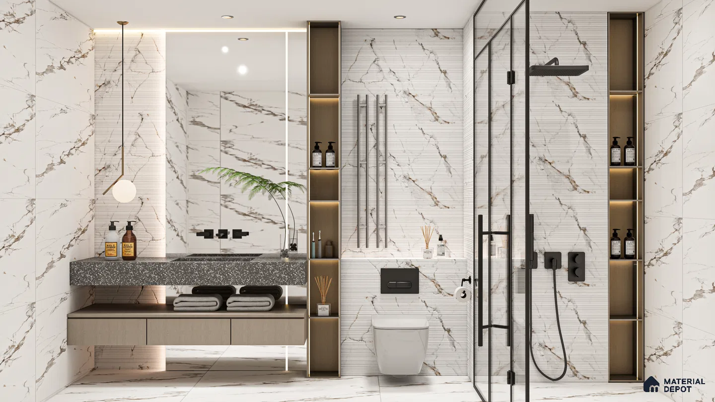 Luxurious Bathroom with Marble-Look Tiles and Modern Fixtures | Material Depot