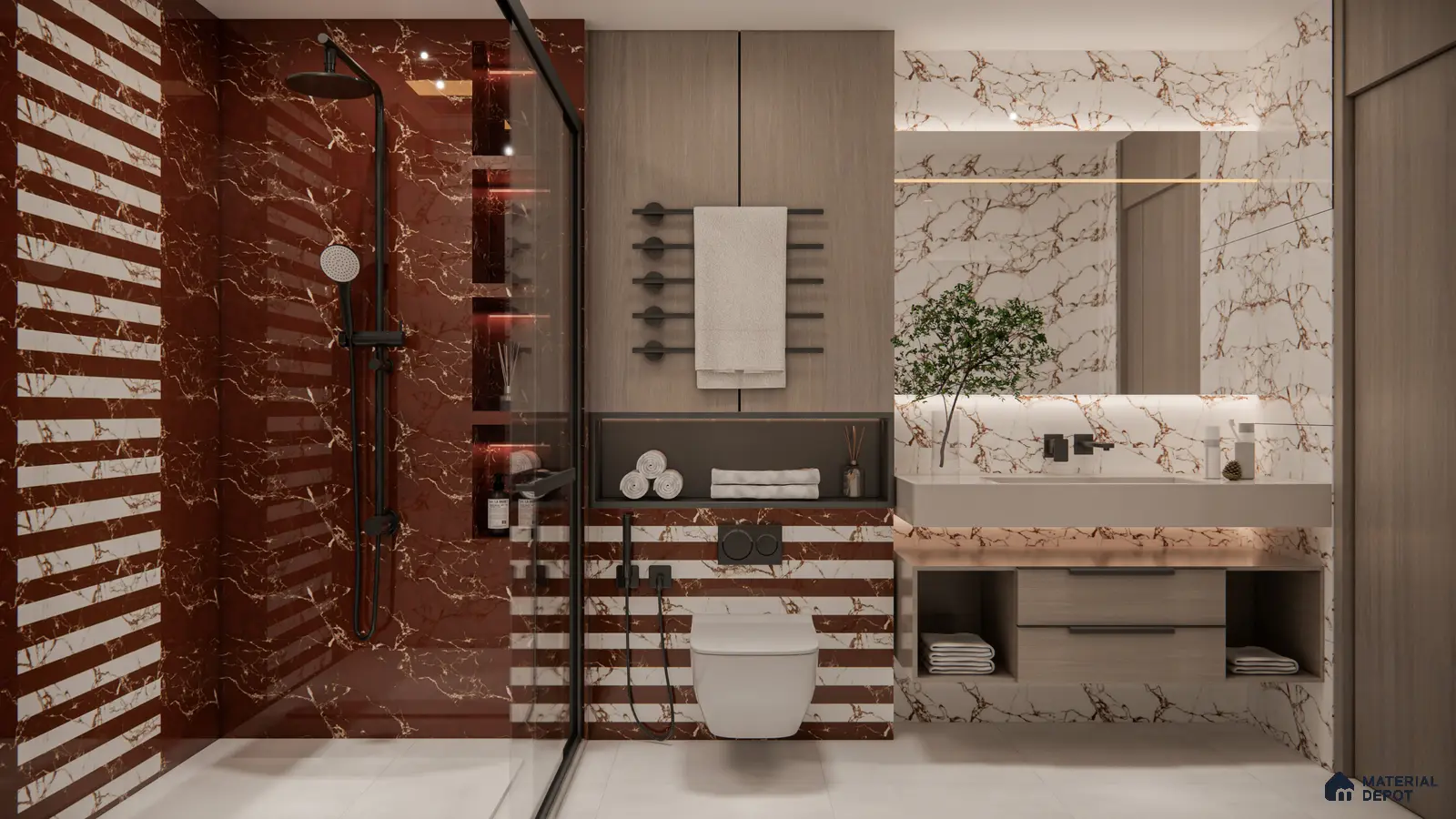 Luxurious Bathroom with Red Marble Accent Wall | Material Depot