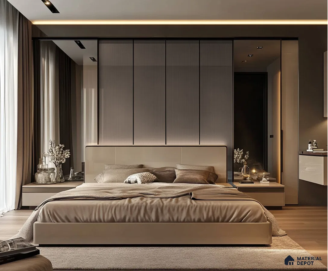 Luxurious Bedroom Design with Fluted Acrylic Wardrobe and Warm Beige Tones | Material Depot