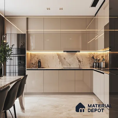 Contemporary Green and Oak Kitchen with Textured Backsplash | Material Depot