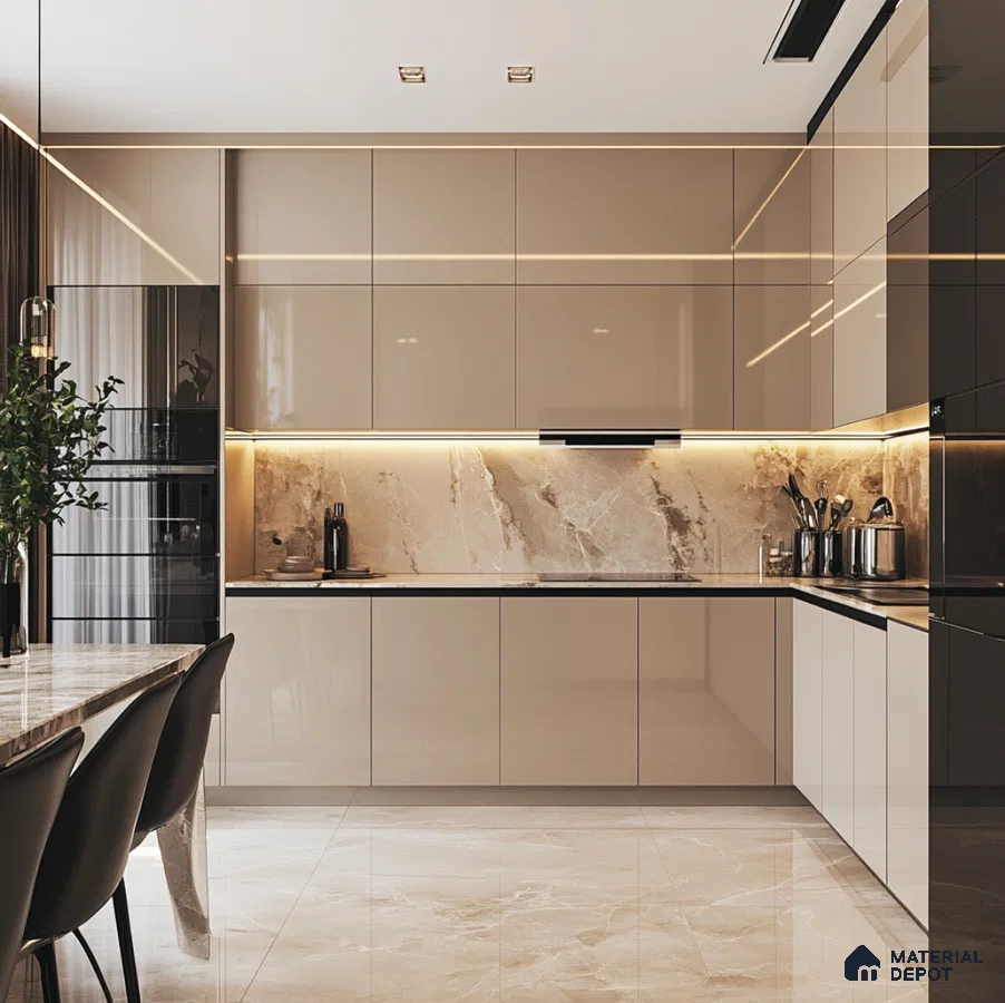 Contemporary Green and Oak Kitchen with Textured Backsplash | Material Depot