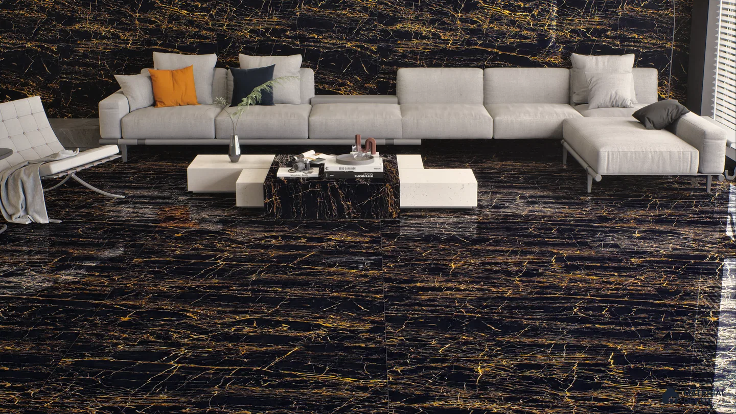 Luxurious Black and Gold Marble Flooring in Modern Living Room | Material Depot