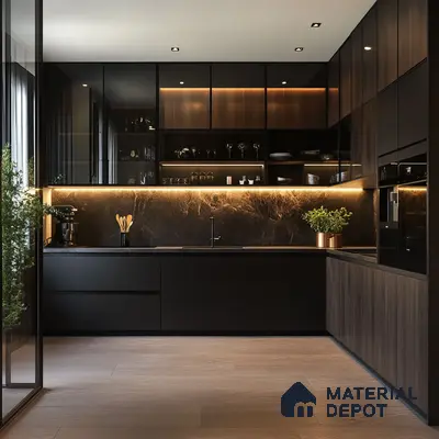 Luxurious Black and Wood Kitchen with Marble Backsplash and Ambient Lighting | Material Depot