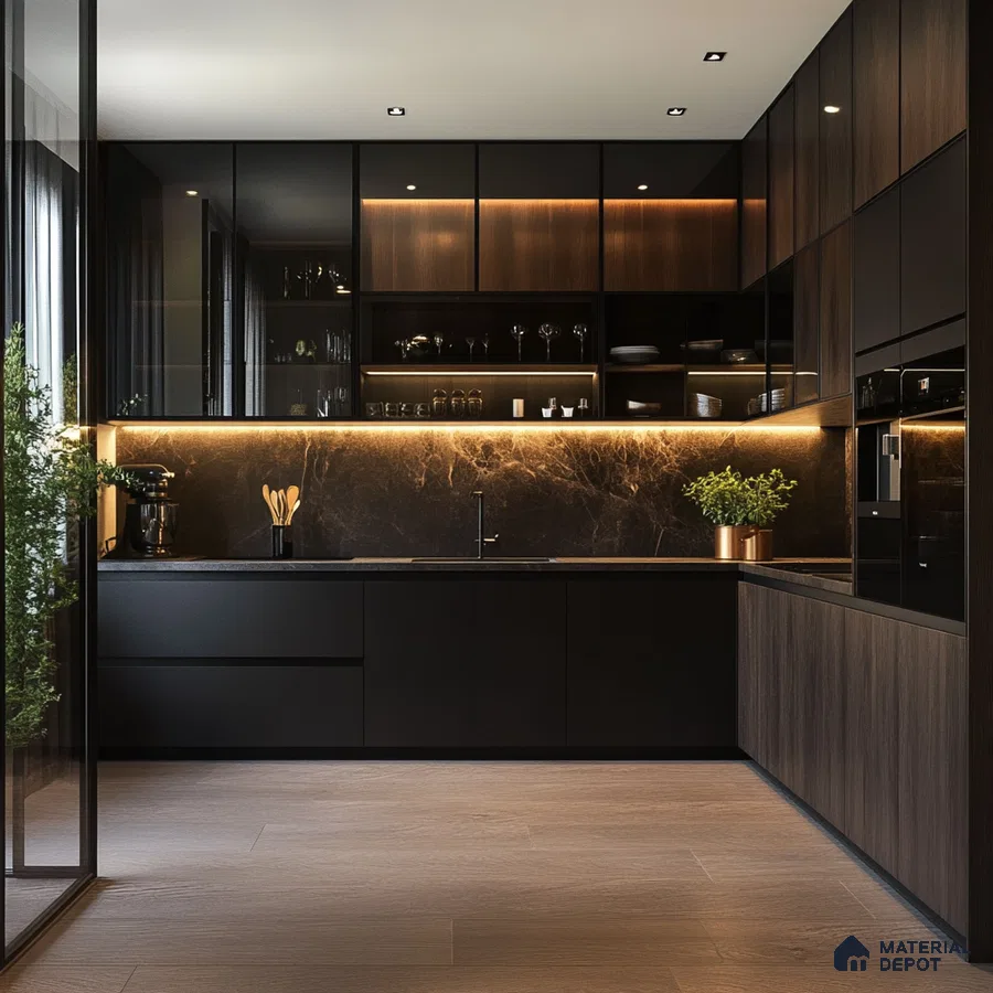 Luxurious Black and Wood Kitchen with Marble Backsplash and Ambient Lighting | Material Depot