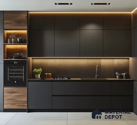 Luxurious Black and Wood Kitchen with Warm Underlit Cabinets | Material Depot