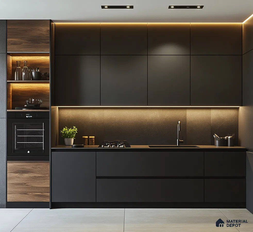 Luxurious Black and Wood Kitchen with Warm Underlit Cabinets | Material Depot