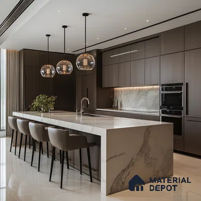 Luxurious Blend: Sophisticated Kitchen with Rich Wood and Striking Marble Accents | Material Depot