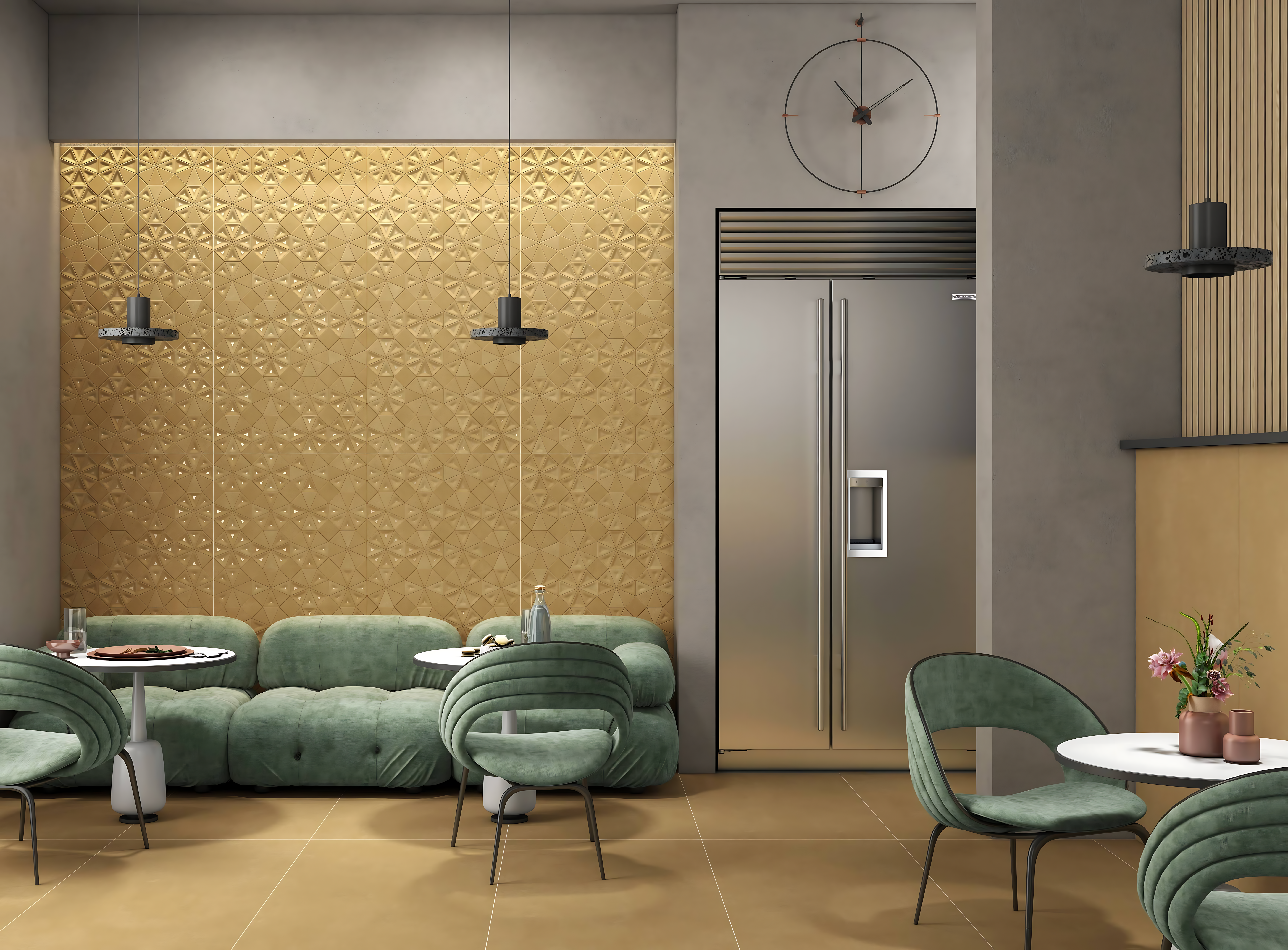 Luxurious Living Room Interior with Gold 3D Accent Wall and Warm Earthy Tiles – Modern & Chic Design | Material Depot