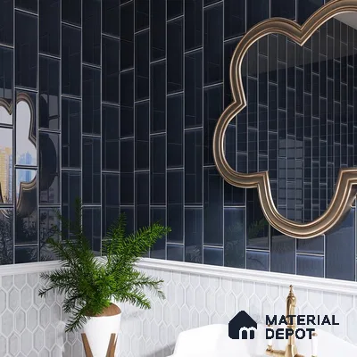 Luxurious Contrast Reflective Black Tiles with Golden Accents | Material Depot