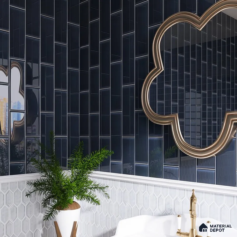 Luxurious Contrast Reflective Black Tiles with Golden Accents | Material Depot