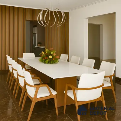 Luxurious Dining Room with Glossy Brown Marble Flooring and Wood Louver Wall Accents in 3 BHK Sobha City Casa Serenita, Yelahanka | Material Depot