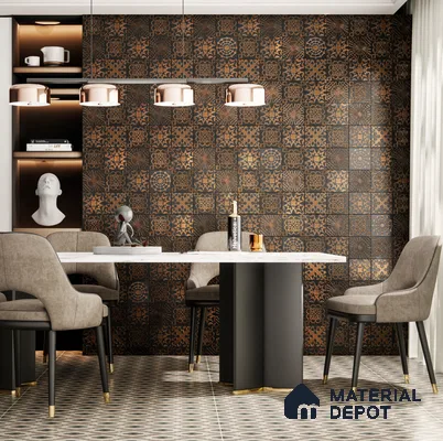Luxurious Dining Space with Intricate Patterned Accent Wall and Elegant Decor | Material Depot