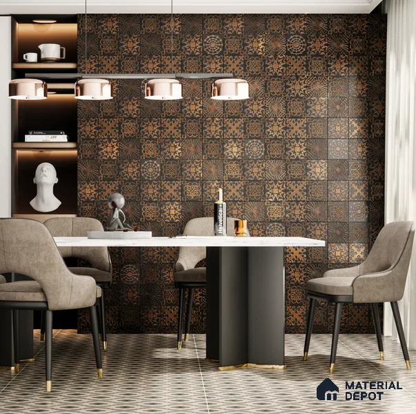 Metallic Wall Handmade Tile TL 05866 Floral Frame Bronze Charm 148 mm x 148 mm Vitrified - 9 mm | 6 Random Patterns | Suitable For Living Room, Bedroom, Kitchen