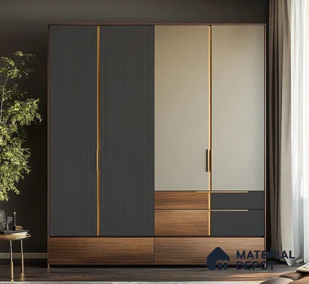 Luxurious Dual-Tone Wardrobe with Dark Grey and Wood Laminate Finish | Material Depot