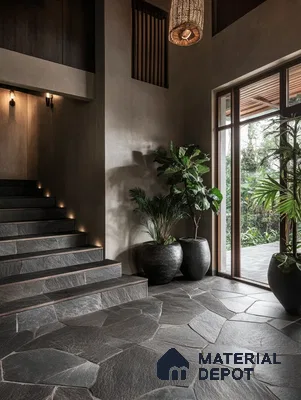 Luxurious Foyer with Dark Grey Stone Flooring and Ambient Stair Lighting | Material Depot