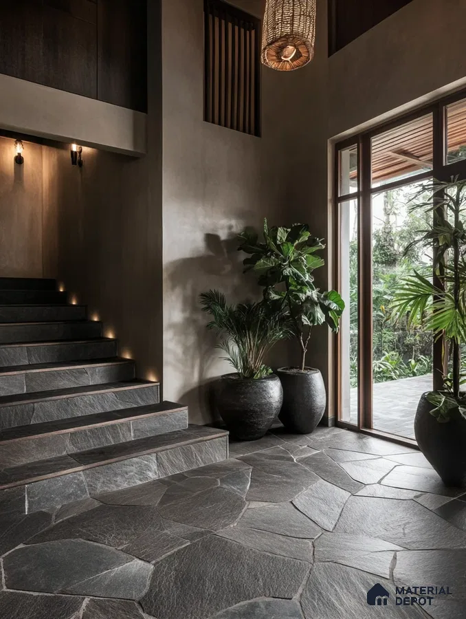 Luxurious Foyer with Dark Grey Stone Flooring and Ambient Stair Lighting | Material Depot