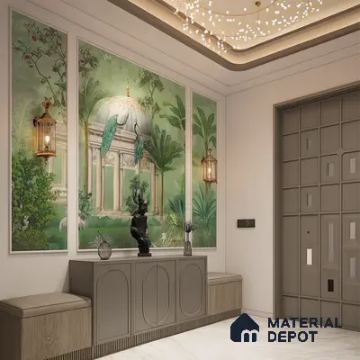 luxury foyer design, peacock mural wall, hand painted wall art, elegant entryway decor, foyer with chandelier, grand entrance design, nature inspired mural, green accent wall foyer, artistic foyer interiors, statement wall art, marble flooring foyer, contemporary foyer setup, wall lantern lights, modern foyer bench seating, foyer with console table, stylish entryway inspiration, luxurious home entrance, foyer with sculpture decor, classic and modern blend interiors, elegant apartment foyer